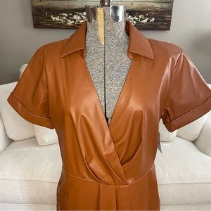 NWT M L Nine West maple brown faux leather vegan midi collard dress